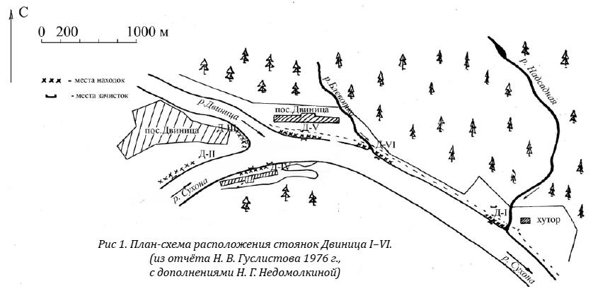 План-схема расположения стоянок Двиница I–VI. (из отчёта Н. В. Гуслистова 1976 г., с дополнениями Н. Г. Недомолкиной)