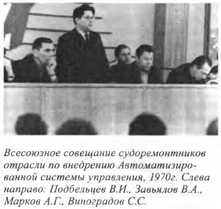 Всесоюзное совещание судоремонтников отрасли по внедрению Автоматизированной системы управления, 1970г. Слева направо: Подбельцев В.И., Завьялов В.А., Марков А.Г., Виноградов С.С.