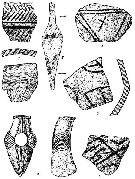 Керамика и орудия из курганов Северного Приазовья 1—3 — с. Каракуба; 4—6 — с. Бешево Керамика и орудия из курганов Северного Приазовья 1—3 — с. Каракуба; 4—6 — с. Бешево