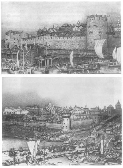Вверху — Московский Кремль в конце XIV в. Картина А. Васнецова; внизу — Московский Кремль в конце XV — начале XVI в. Картина А. Васнецова