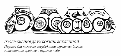 В расцвет трипольской культуры рождается новая, невиданная роспись: два верхних, небесных яруса трансформируются в гигантский лик, занимающий всю Вселенную и изготовленный из элементов Вселенной. Очи этого космического существа образованы из солнц, брови &ndash; из больших дождевых полос; ручки сосуда воспринимаются как уши. Вместо условного чертежа мира художники дали персонифицированную Вселенную в виде личин, поднимающихся над землей во всю высоту среднего и верхнего неба, вытеснивших все, что раньше рисовалось в этих зонах, если оно не помогало формировать гигантский антропоморфный образ божества Вселенной (см. рис. 51).