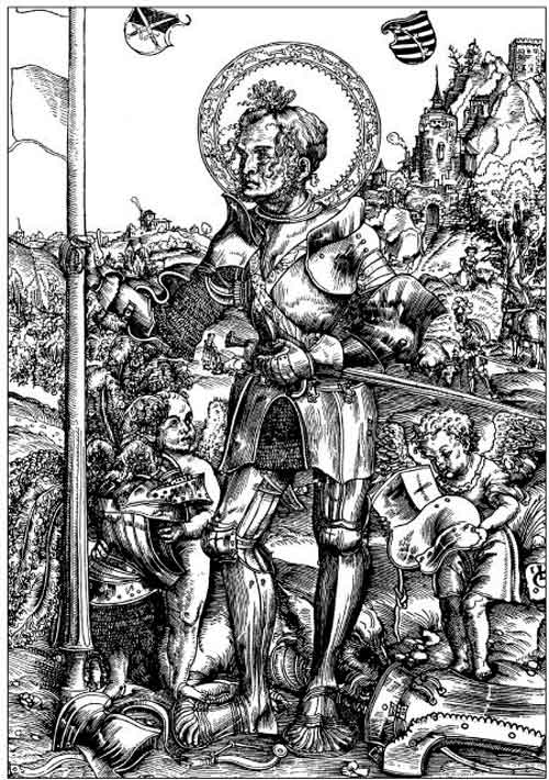 «Святой Георгий». Гравюра Луки Кранаха, якобы 1506 года. Георгий Победоносец представлен здесь как средневековый рыцарь в глухих железных латах «Святой Георгий». Гравюра Луки Кранаха, якобы 1506 года. Георгий Победоносец представлен здесь как средневековый рыцарь в глухих железных латах