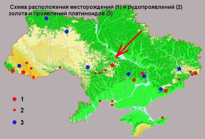Червоною стрілкою на карті [7] позначені поклади золота між Черкасами та Чигирином (приблизно в районі Медведівки, Трушівців та Боровиці)