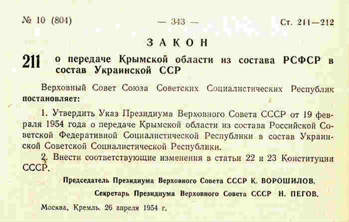 Закон «О передаче Крымской области из состава РСФСР в состав Украинской ССР» публикуется в «Ведомостях Верховного Совета СССР» № 10(804) и вступает в силу Закон «О передаче Крымской области из состава РСФСР в состав Украинской ССР» публикуется в «Ведомостях Верховного Совета СССР» № 10(804) и вступает в силу