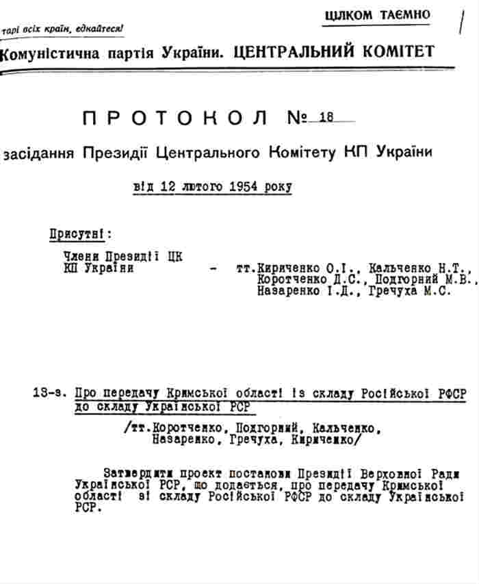 Президиум ЦК КПУ утверждает проект постановления Президиума Верховного Совета УССР о передаче Крыма Президиум ЦК КПУ утверждает проект постановления Президиума Верховного Совета УССР о передаче Крыма