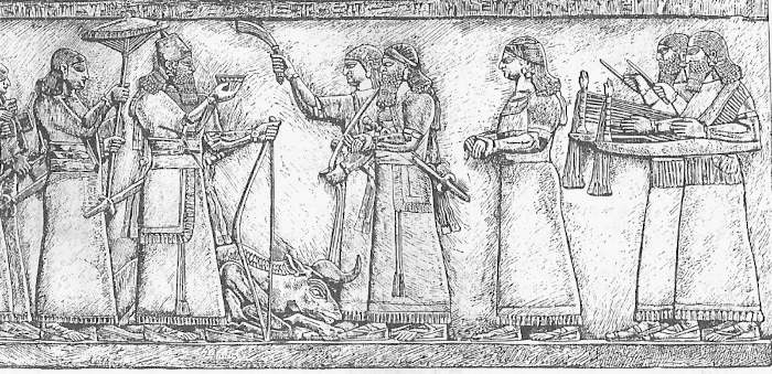 Ритуальная встреча ассирийского царя Ашшурнацирапала II после удачной охоты (Лувр) Ритуальная встреча ассирийского царя Ашшурнацирапала II после удачной охоты (Лувр)